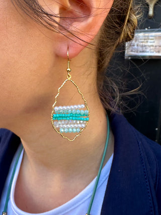 Aqua Beaded Wavy Earrings