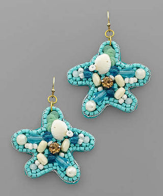 Shell & Bead Starfish Earrings Light Blue