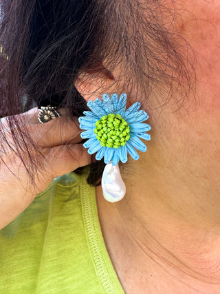 Blue and Green Pearl Flower Earrings