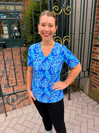 Lulu B Blue Corals UPF 50+ Short Sleeve V-neck Top