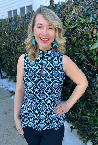 Lulu B Black and Turquoise Shells Sleeveless Zip Top