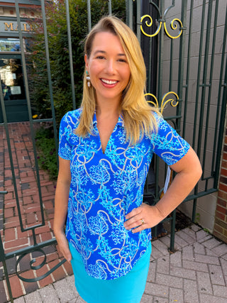 Lulu B Blue Corals Short Sleeve Collar Top