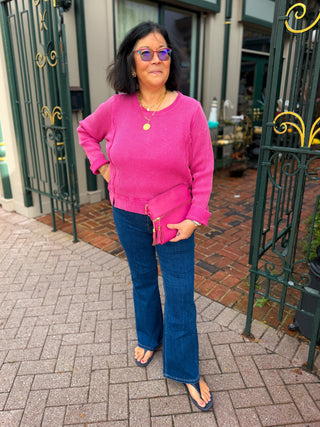 Escape by Habitat Fuchsia Waffle Knit Seamed Crewneck Top