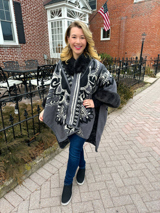 Grey Paisley Faux Fur Wrap