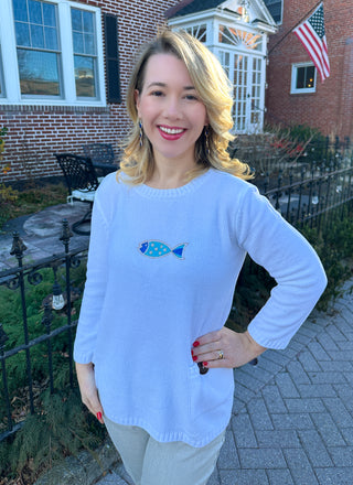Lulu B White Chenille Embroidered Fish Sweater