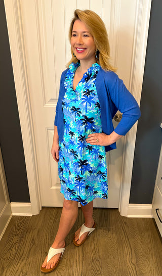 Lulu B Blue Palm Tree Ruffle Neck Dress Lulu B Blue Palm Tree Ruffle Neck Dress