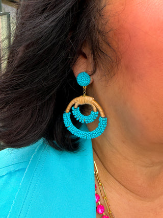 Seedbead & 2 Circle Rattan Earrings Blue