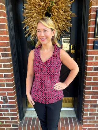 Lulu B Geometric Crimson Ruffle V-Neck Tank