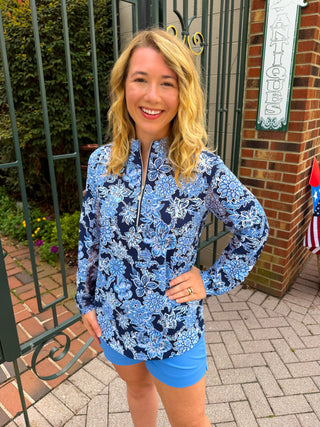 Beachtime by Lulu B Navy Hibiscus Quarter Zip-Up Pull-Over
