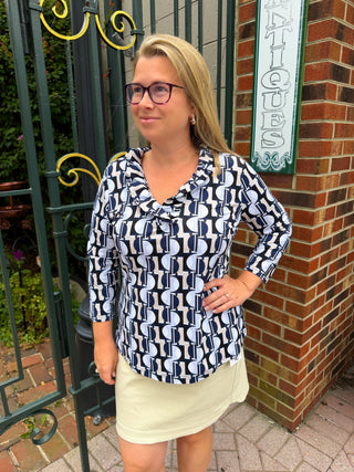 Lulu B Ruffle Neck Neutral Mosaic Top