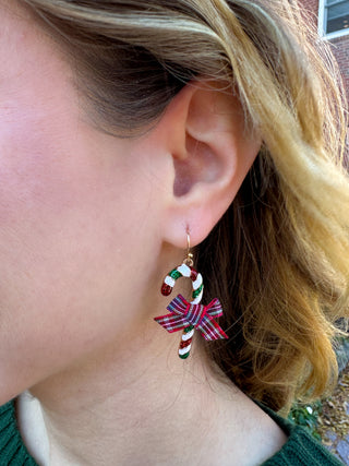 Plaid Bow Candy Cane Earrings