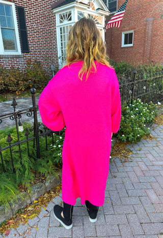 Vibrant Fuchsia Long Knit Cardigan with Pockets
