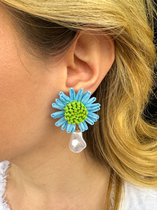 Blue and Green Pearl Flower Earrings