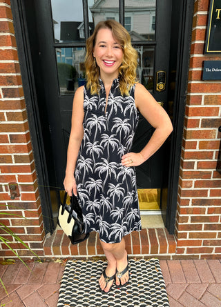 Beachtime by Lulu B Black and Stone Palms Sleeveless Quarter Zip Dress