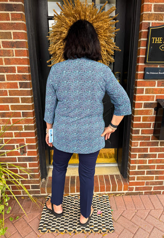 Beachtime by Lulu B Navy and Emerald Abstract Button Tunic