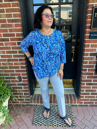 Lulu B Dark Blue Vine Asymmetrical Scoop Neck Top