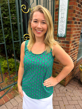 Lulu B Emerald and Navy Geometric Link UPF 50+ Scoop Neck Tank