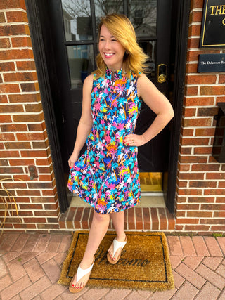 Beachtime by Lulu B Neon Floral Sleeveless Quarter Zip Dress Blooming Boutique Beachtime by Lulu B Neon Floral Sleeveless Quarter Zip Dress Blooming Boutique