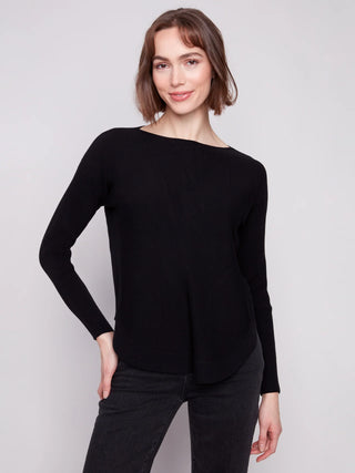 Charlie B Lace-Up Back Boat Neck Sweater in Black