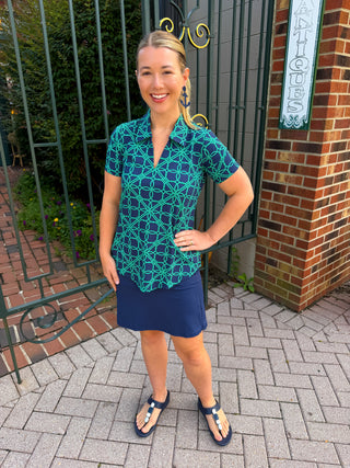 Lulu B Navy and Emerald Loops Short Sleeve Collar Top