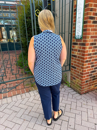Lulu B Periwinkle and Navy Geometric Link UPF 50+ Sleeveless Keyhole Top