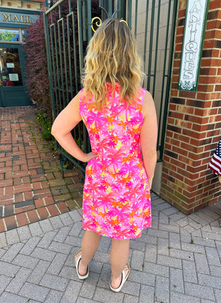 Lulu B Pink Palm Tree Ruffle Neck Dress