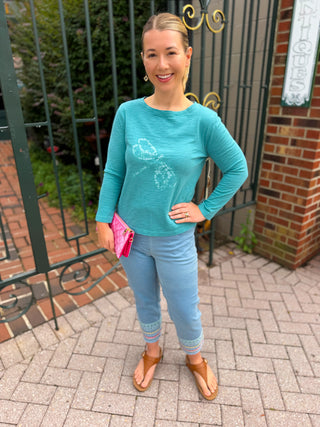 Lulu B Clear Denim Summer Embroidered Capri