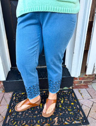 Lulu B Clear Denim Sparkle Flower Capri