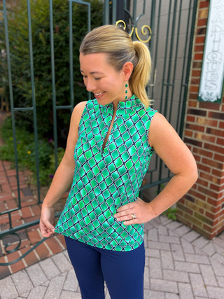 Beachtime by Lulu B Green Window Pane Sleeveless Zip Up Top