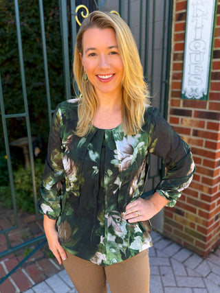 Tango Mango Green Floral Pleated Blouse