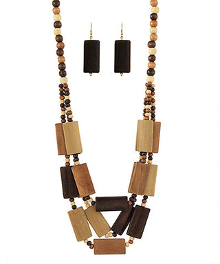 3 Layered Wood Rectangle Necklace Set Brown