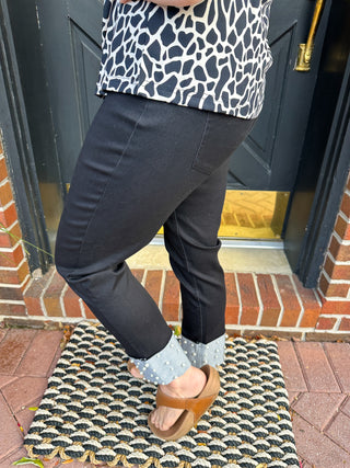 Lulu B Black Denim Cuff Pearl Pant