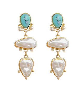 Stone & Pearl Oval Shape Drop Earrings Turquoise