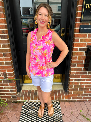 Lulu B Pink Palm Tree Ruffle V-Neck Tank