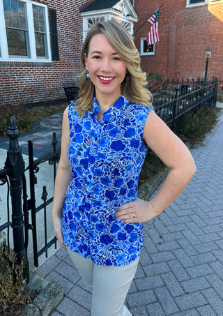 Tango Mango Vibrant Blue Floral Print Sleeveless Collared Blouse