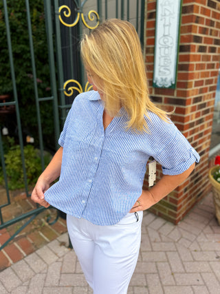 Coastal Blue Stripe Linen Blend Button Down Top