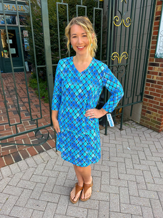 Beachtime by Lulu B Blue Window Pane V-Neck Top