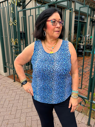 Lulu B Blue Sparkle Leopard UPF 50+ Scoop Neck Tank