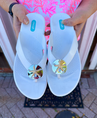 OkaB White Sand Dollar Flip Flops