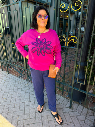 Escape by Habitat Fuchsia Batik Daisy Scoop Neck Fleece Pullover