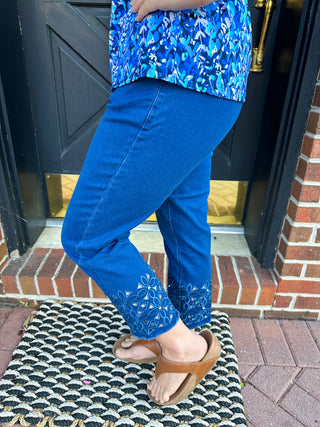 Lulu B Dark Wash Denim Sparkle Flower Capri