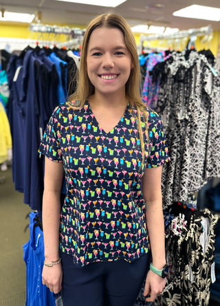 Lulu B Multicolor Cocktails Short Sleeve V-neck Top