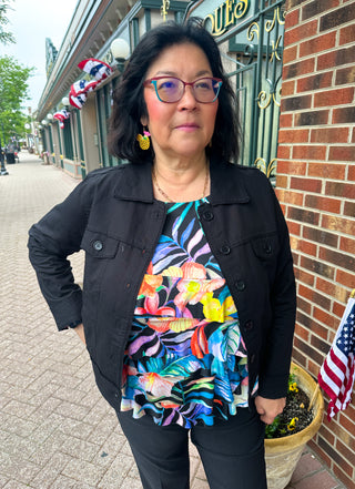 Tango Mango Black Tropical Floral Linen Jacket