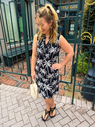 Beachtime by Lulu B Black and Stone Palms Sleeveless Ruffle Neck Dress