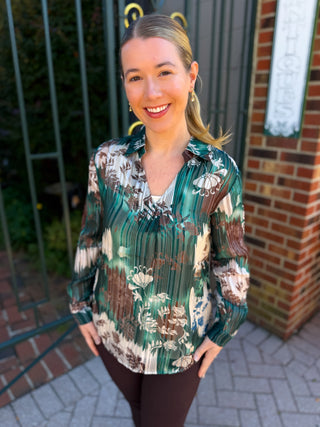 Tango Mango Emerald Floral Shimmer Collared Top