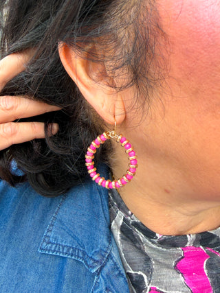 Pink and Gold Beaded Hoop Earrings