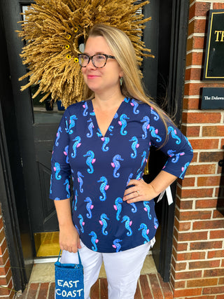 Lulu B Navy Seahorse V-Neck 3/4 Sleeve Top