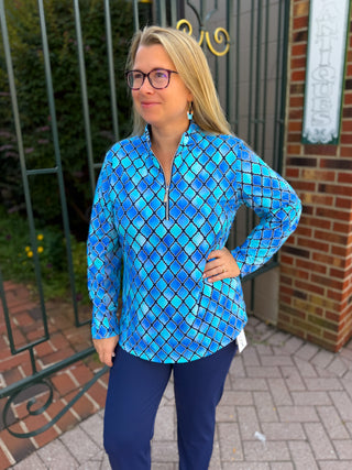 Beachtime by Lulu B Blue Window Pane Quarter Zip-Up Pull-Over