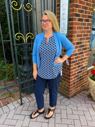 Lulu B Periwinkle and Navy Geometric Link UPF 50+ Sleeveless Keyhole Top