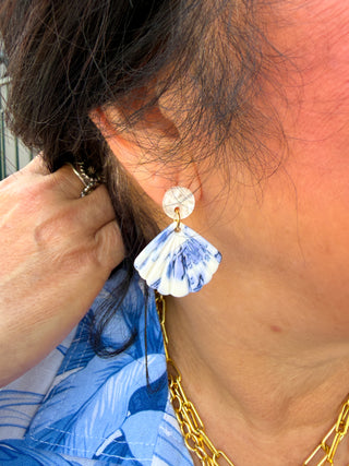 Blue and White Shell Dangle Earrings Blue